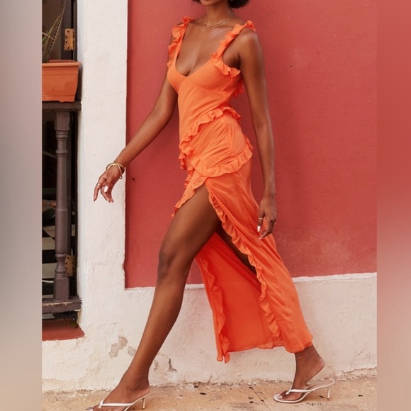 NWT HOUSE OF CB 'Pixie' Georgette Flame Orange Ruffle Maxi Dress - Picture 3 of 10